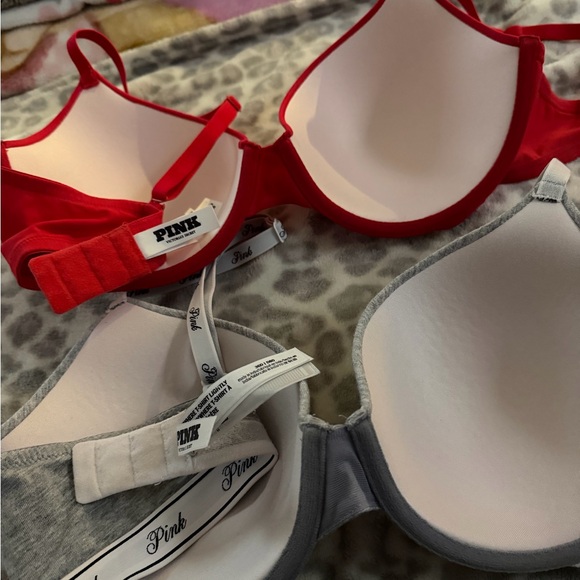 VS PINK Grey Cotton Logo & Red Lightly Lined T Shirt Bra Set size 36D - Picture 3 of 4